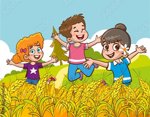Happy children playing in wheat field. Vector illustration of kids having fun outdoors.