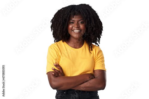 Fashion, portrait and black woman with arms crossed, smile and isolated on a transparent png background. Face, natural confidence and happy African model from Nigeria with tshirt or casual clothes