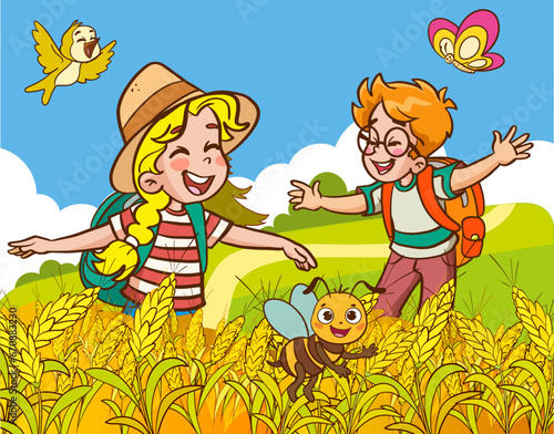 Boy and girl in wheat field. Vector illustration of kids with backpacks.