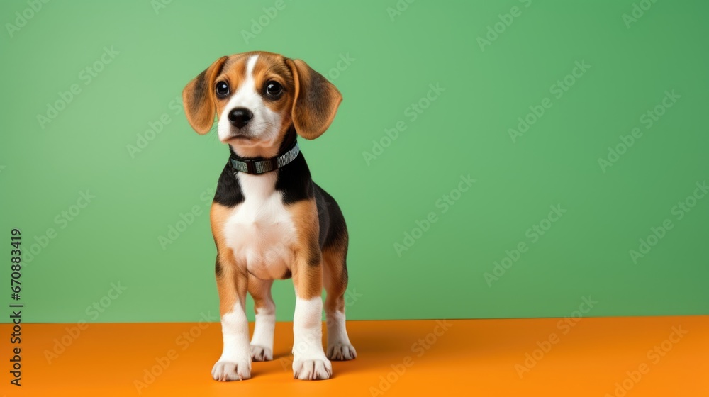 Beagle puppy standing on a colorful background.
