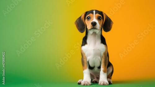 Beagle puppy standing on a colorful background.