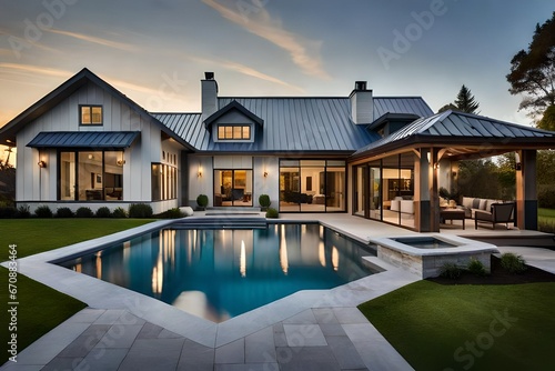 Beautiful modern farmhouse style luxury home exterior at twilight. Generative AI © Royalty-Free