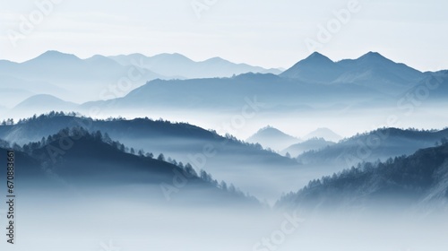 Minimalistic and abstract background with fog, smoke, and mist, set against a mountainous landscape. © Zahid