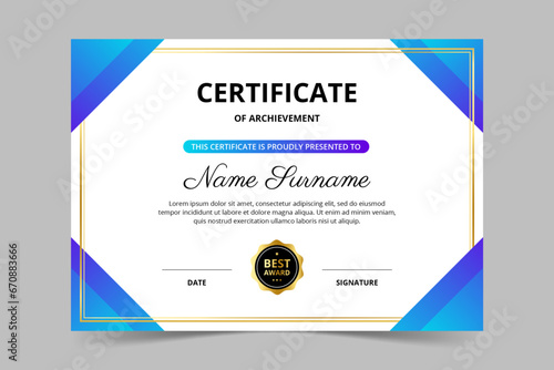 Modern elegant blue and gold certificate template. Appreciation for business and education. Vector illustration