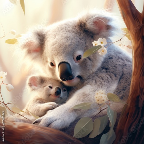 Koala Love: A Sweet Mother and Baby Embracing in a Lush Tree Canopy. A mother koala and her baby in a tree