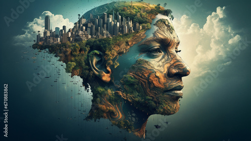 Abstract images of cities and forests are superimposed on human faces.