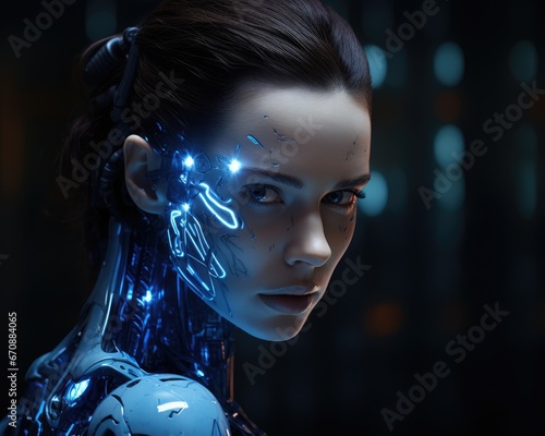 a robotic woman of blue glowing light