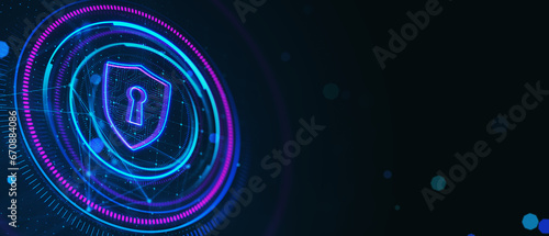 Creative digital round polygonal shield button on dark wide background with mock up place. Secure, safety and web protection concept. 3D Rendering.