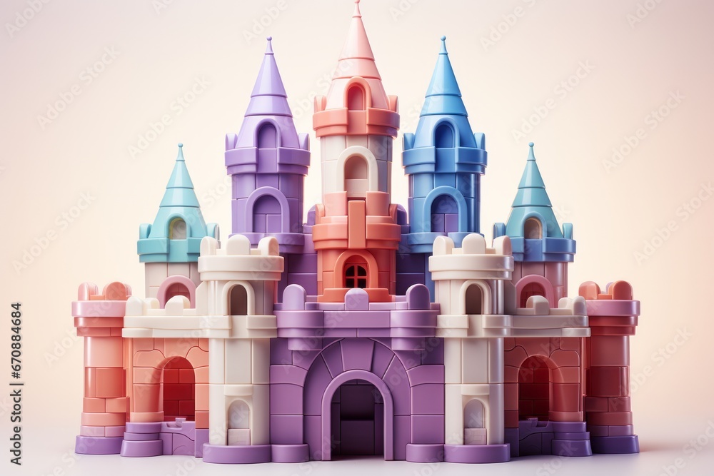 Toy brick castle, encouraging construction and storytelling in soothing colors, on isolated on pastel background, Generative AI