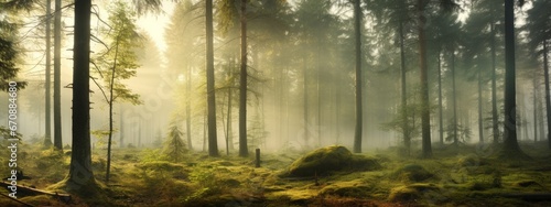 Panoramic view of a foggy forest, Background image.