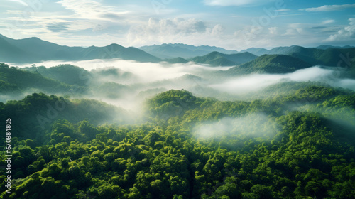 Rainforest or jungle aerial view. Top view of a green forest with mist, for earth day concept