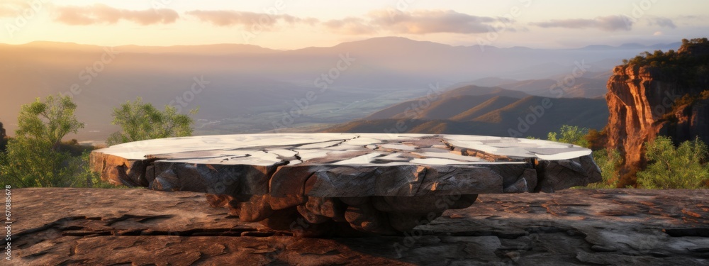 Outdoor rock table top with mountain views showcasing organic beauty at sunrise. Cosmetic product placement pedestal platform available stand display