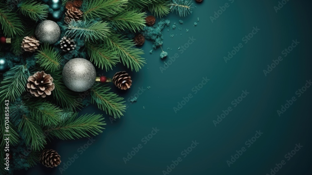 Greeting card for christmas with branches and decorations background.