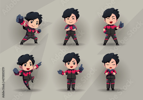 set of man mascot cartoon character in red black uniform	
