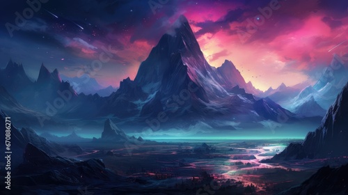 illustration of a sci-fi landscape with a dark  ominous-looking mountain in the background