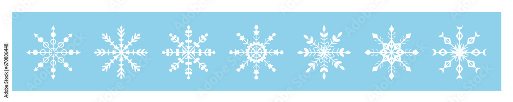 Collection of icons of different snowflakes. Snowflakes are white on a blue background. Winter symbol. Collection of icons of different snowflakes. Snowflakes are white on a blue background. Winter symbol.