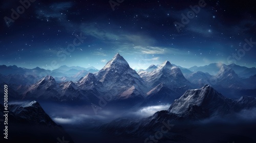Himalayan mountains at night over a large snowy expanse