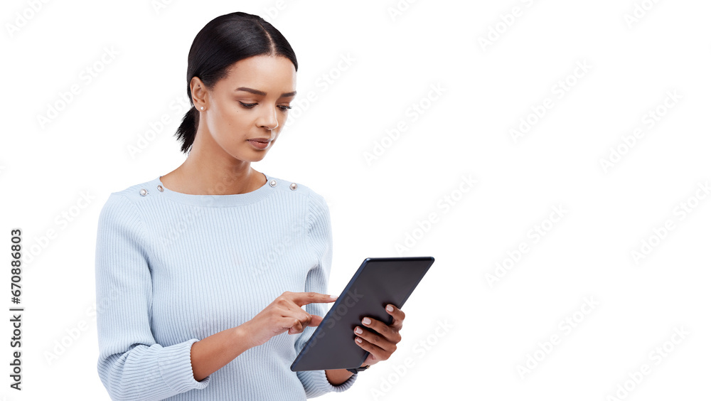 Digital tablet, networking and woman browsing on social media, mobile app or the internet. Research, communication and young female model with technology isolated by a transparent png background. Digital tablet, networking and woman browsing on social media, mobile app or the internet. Research, communication and young female model with technology isolated by a transparent png background.