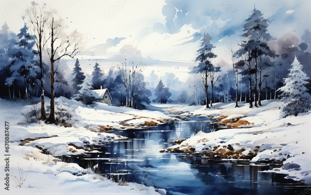 Winter forest landscape with trees and river