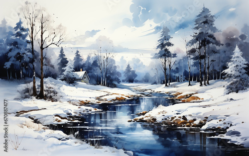 Winter forest landscape with trees and river © Aleksandr