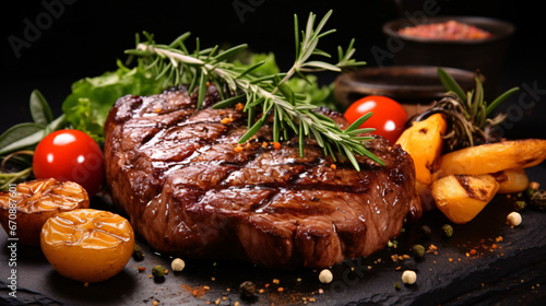 BBQ Steak. Barbecue Grilled Beef Steak Meat with Vegable