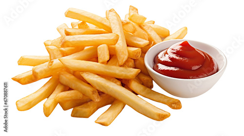 French fries with ketchup isolated on transparent background, tasty fried gold potato chips for menu with red tomato sauce ketchup, restaurant diner, takeout, fast meal, junk food, dinner, side snack