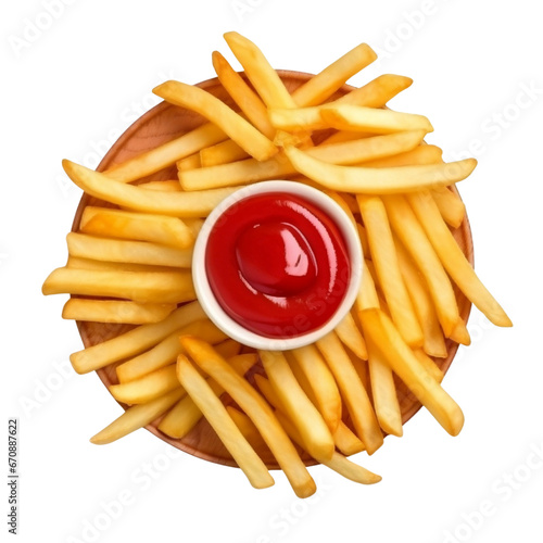 French fries with ketchup isolated on transparent background, above top view, tasty fried gold potato chips for menu with red tomato sauce, restaurant diner, takeout, fast meal, junk food dinner snack