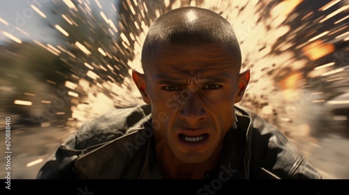 action movie closeup of a man with crew cut hair driving, high speed, explosions