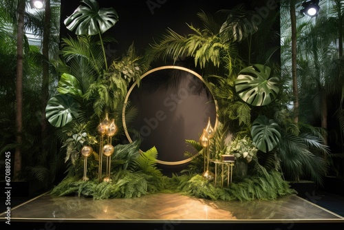 Podium gold in tropical forest for product presentation and green wall