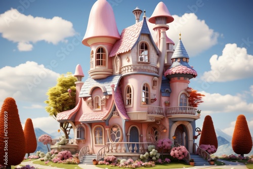 Whimsical playhouse, symbolizing imaginative role-play and social interaction in calming pastels, on isolated on pastel background, Generative AI