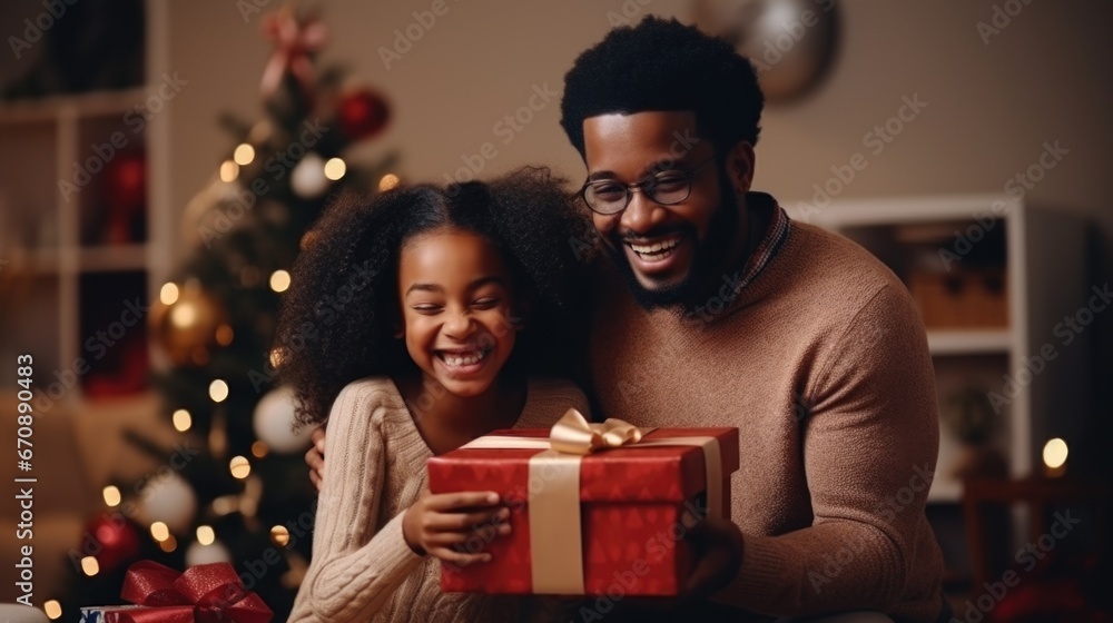 Happy African American family with Christmas gift boxes. Happy African American family with Christmas gift boxes.