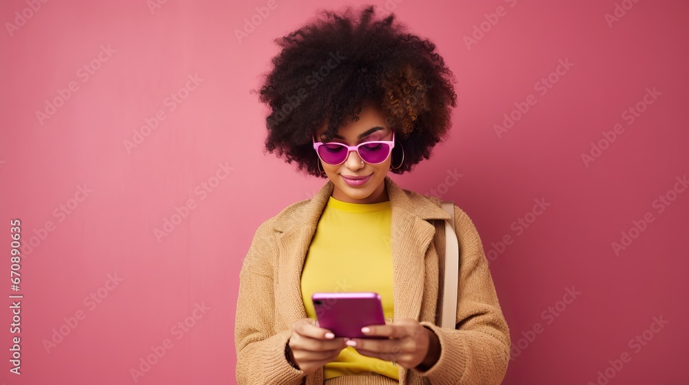 Portrait of attractive cheerful girl using smart phone post isolated over pink color background, banner High quality photo Portrait of attractive cheerful girl using smart phone post isolated over pink color background, banner High quality photo