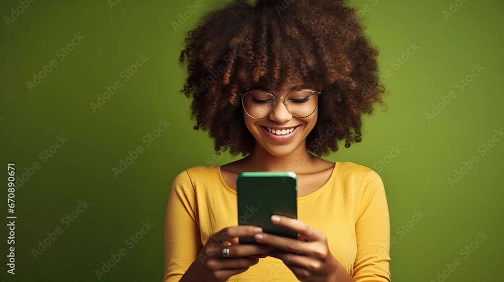 Portrait of attractive cheerful girl using smart phone post isolated over green color background, banner High quality photo Portrait of attractive cheerful girl using smart phone post isolated over green color background, banner High quality photo