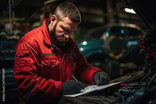 Auto mechanic working on car broken engine in mechanics service or garage. Transport maintenance wrench detial © ttonaorh