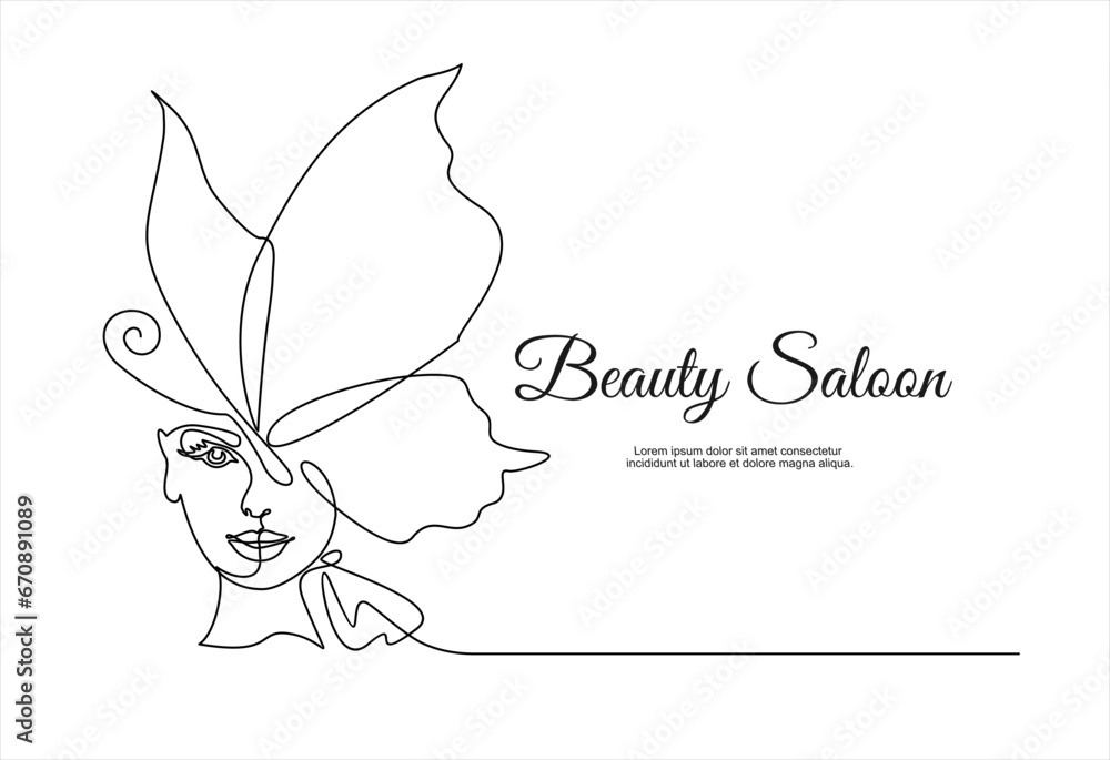 Beautiful woman face with butterfly. Beauty saloon. Abstract composition hand draw continuous line. Hand-drawn vector line-art illustration. One Line style drawing. Beautiful woman face with butterfly. Beauty saloon. Abstract composition hand draw continuous line. Hand-drawn vector line-art illustration. One Line style drawing.