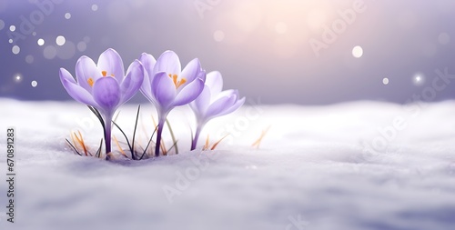 Spring crocus flowers in snow with bokeh background. 3d illustration © Gorilla Studio