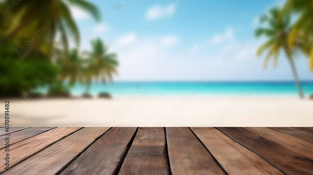 wooden table with blurry island in the background