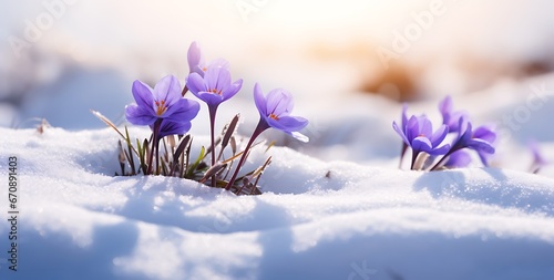 Spring crocus flowers in the snow. Early spring. Symbol of peace and joy.
