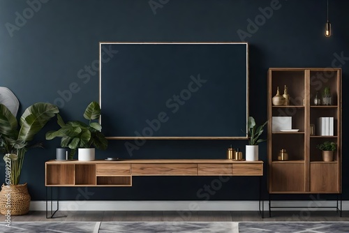 Mockup frame on cabinet in living room interior on empty dark wall background