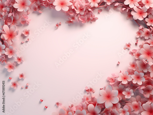 ピンク色の花でできたハートのフレーム