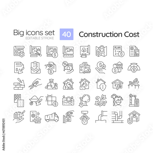 2D editable black big thin line icons set representing construction cost, isolated simple vector, linear illustration.