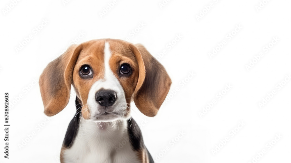 Cute little beagle dog on white background in studio created with Generative AI Technology