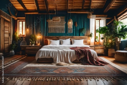 Boho interior design of modern bedroom in country house © Hamza