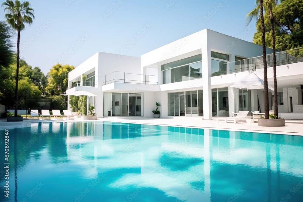 Fototapeta premium Modern house with swimming pool and blue sky. Nobody in the house
