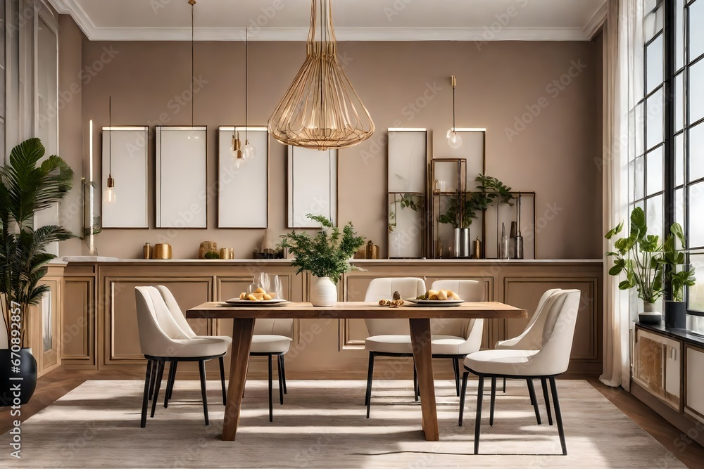 Modern dining room interior design with beige empty walls
