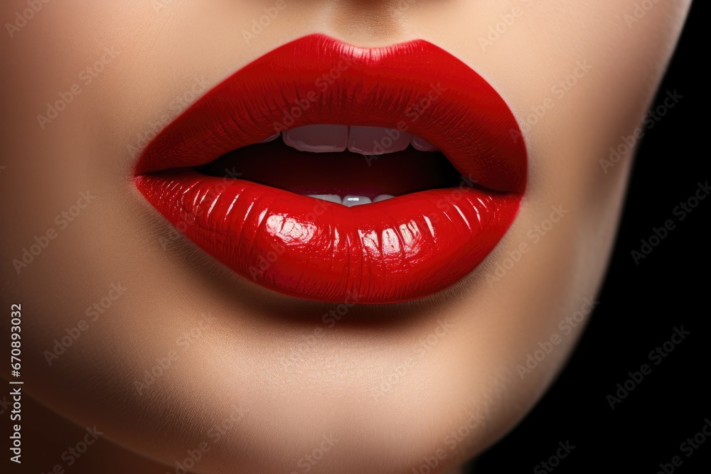 Fototapeta premium Beautiful female lips with red lipstick on black background, closeup, Ultra close - up view of beautiful sexy female lips, AI Generated