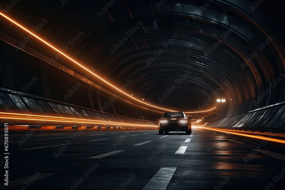 Fototapeta premium Car on the road in tunnel. 3d rendering toned image, Underground tunnel with moving cars at night. View from below, AI Generated