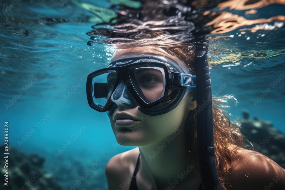 Portrait of a beautiful young woman wearing snorkeling gear underwater, Underwater background of a woman snorkeling and doing freediving. Watersport activity in, AI Generated