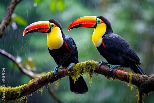 Toucan couple sitting on a branch in rain forest, Thailand, Two toucans sitting on the branch in the rainforest, AI Generated