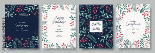Merry Christmas template for corporate greeting cards. Floral ornate frame and background with berries, leaves, pine branches. Vector illustration for poster, cover, banner, social media post.